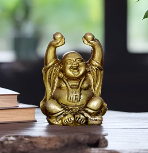 Purpledip Lachender Buddha-Statue im Vintage-Stil, aus massivem Messing, Metall: Harbinger der Weisheit und des Reichtums, Verwendung als Heimdekoration für Feng-Shui, Gold-Finish (10324)