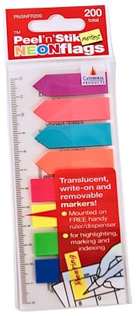 Cathedral Products Repositionable Neon Index Tabs with Guide 45mm x 12mm | Pack of 200 | Assorted Colours | Includes Clear Rule for Easy Positioning