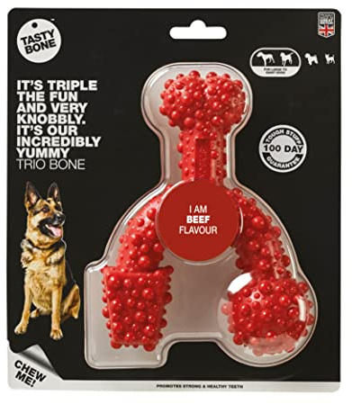 TastyBone TrioBone Nylon Dog Chew Toy for Large Dogs (Beef) - Indestructible for Aggressive Chewers, Everlasting Flavour, Strong Healthy Teeth, Made in the UK