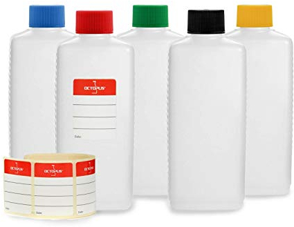 Octopus Bouteilles en Plastique 5 x 250 ML, Bouteilles en Plastique PE-HD avec Bouchon à vis de Couleur vive, Bouteilles vides avec Bouchons à vis colorés, Bouteilles carrées. 5 étiquettes incluses.