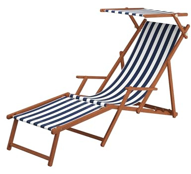 Erst-Holz Liegestuhl blau-weiß Gartenliege Deckchair Buche dunkel Fußablage Sonnendach Kissen 10-317FSKH