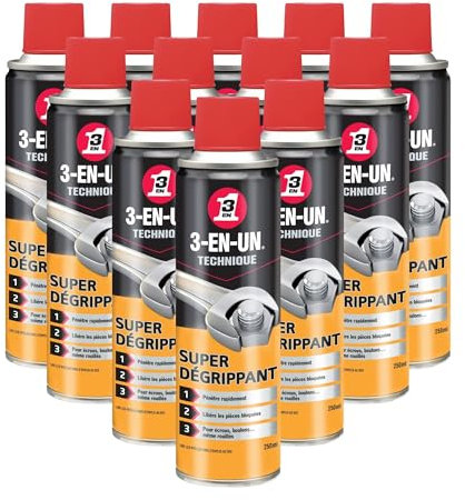 3-EN-UN Technique • Super Dégrippant • Aérosol • Action rapide • Fort pouvoir pénétrant • Compatible avec tous les métaux • 250 ML • Carton de 12