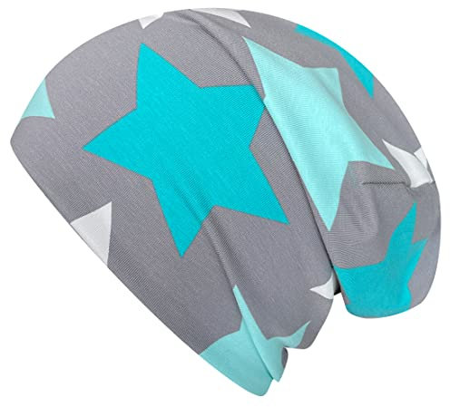 Wollhuhn ÖKO Jungen/Mädchen Bequeme Skater Long Beanie/Mütze/Beanie-Mütze/Kinder-Mütze Jersey Gefüttert Übergangszeiten (Öko-Stoffe/Bio) 20150820 (Big Stars Grau/Mint, M)