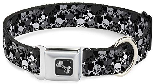 Dog Collar Seatbelt Buckle, Stacked Skulls, Black Gray & White, 1.5 Inch