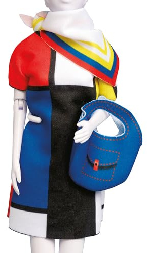 DRESS YOUR DOLL Mini Schneiderpuppe Nähset Anfänger Mit Stoff MONDRIAAN Modepuppen Kleidung Nähen Lernen für Kinder Kreatives Hobby für Zuhause ca. 30 x 39 cm Modedesign Puppe Fashion Design Kit