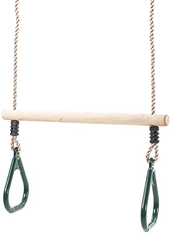 Wooden Trapeze Bar with Green Rings for Climbing Frames and Garden Swings