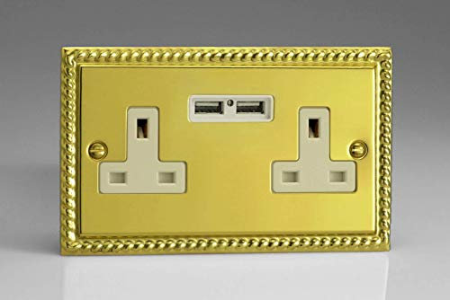 Varilight 2 Gang, 13 Amp Unswitched Socket with 2 Optimised USB Charging Ports, White Insert. Classic Georgian Polished Brass Effect