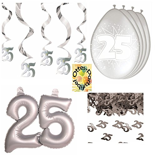 HHO Dekoset Silberhochzeit Silberne Hochzeit Hängespiralen Ballons Konfetti große Zahl