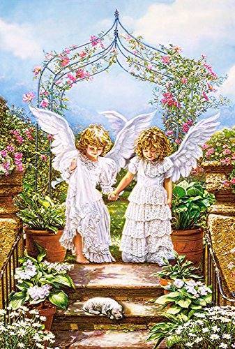 Puzzle 1000 Teile - kleine Engelchen - Zeichnung - Gemälde - Romantisches Motiv - Engel mit Rosenranke im Garten - Kinder Mädchen - Welpe Blonde Locken