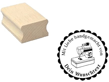 Holzstempel Motivstempel Stempel « Mit Liebe handgemacht » mit persönlichem Wunschtext/Wunschnamen und Motiv Nähmaschine - Scrapbooking Embossing Basteln - Handarbeit handmade