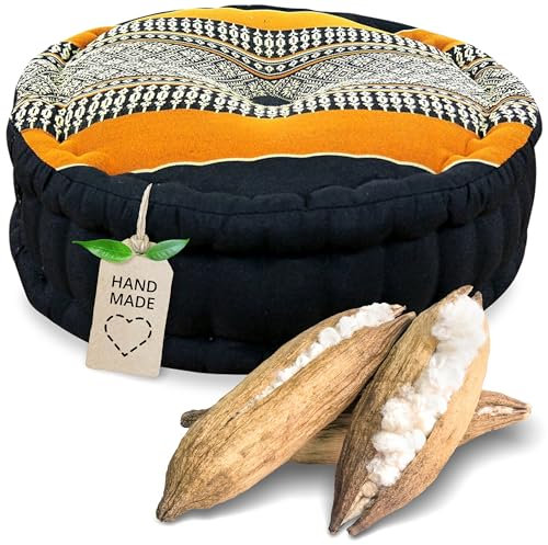 livasia Meditationskissen - Ø 38x15cm - Yogakissen mit Kapokfüllung, Pouf, Bodenkissen rund für Yoga und Zen Meditation, Zafukissen für Garten und Balkon, Sitzkissen handgemacht (Schwarz/Orange)