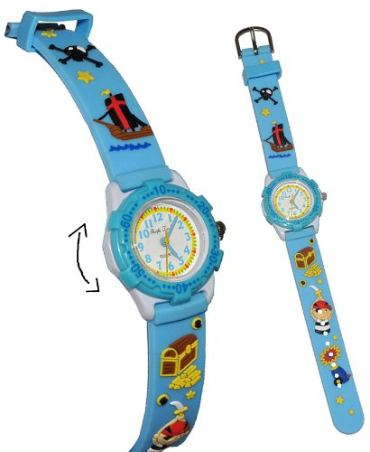alles-meine.de GmbH 3-D Kinderuhr Pirat blau - Uhr Kinder Armbanduhr Silikon Schiff Piraten für Jungen Analog - Schatztruhe Piratenuhr Lernuhr