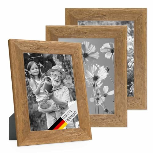 Bilderrahmen 18x24 cm Holz Eiche-Optik, 3er Set Echtholz-Rahmen rustikal, Strandhaus, Made in Germany, Echtglas, zum Aufhängen & Aufstellen, extra Zubehör - Treibholzlook mit einem Hauch Küstenflair