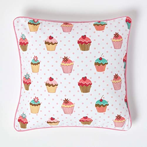 Homescapes Kissenbezug mit Cupcakes-Muster, quadratische Kissenhülle 45 x 45 cm für Zierkissen und Kinderkissen aus 100% Baumwolle mit Reißverschluss, rosa, Muffin-Aufdruck