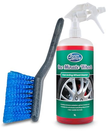 Greased Lightning One Minute Wheels Cleaner 1L + Wheel Brush | Fast-acting, non-acidic formula removes brake dust & grime fast. Includes soft-bristle brush for intricate alloys.