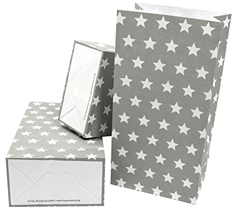 Frau WunderVoll® 12 PAPIERTÜTEN MIT Boden GRAU, Sterne 12x7x24cm / Blockbodenbeutel, Tüte, Papierbeutel, Papiertüte, Geschenktüte, Geschenkbeutel, Gastgeschenk, Hochzeit, Mitgebseltüte, Falttasche