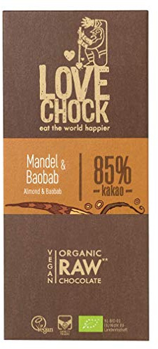 Lovechock Bio Organic Raw Chocolate Tafelschokolade Mandel und Baobab, 85 % Cacao, vegan, glutenfrei, laktosefrei, 70 g