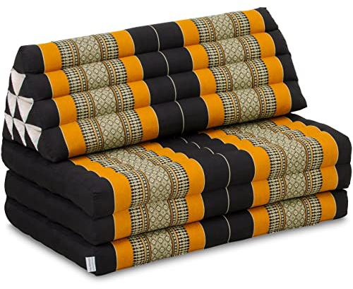 livasia Thaikissen 3 Auflagen für Paare XXL - 190x80x8cm - Dreieckskissen Klappmatratze, extrabreit Kapok, Rückenkissen faltbar, Thaimatte zum Klappen, Meditationskissen (Schwarz/Orange)