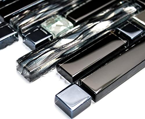 Mosaik Verbund Crystal/Edelstahl mix schwarz/Glas Metall Mix Fliesenspiegel, Mosaikstein Format: 15x48/98/148x8 mm, Bogengröße: 298x338 mm, 1 Bogen/Matte