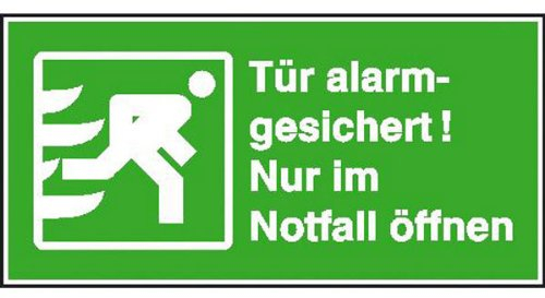 Betriebsausstattung24® Tür alarmgesichert Nur im Notfall öffnen Rettungsschild, Folie, 14,80x7,40cm