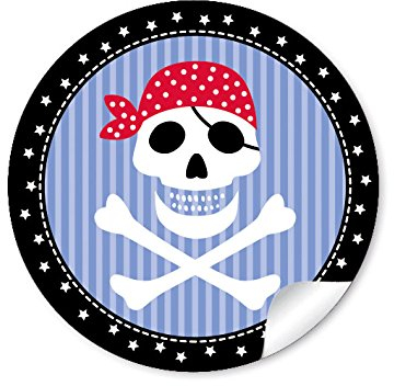 24 STICKER 24 Geschenkaufkleber PIRAT mit Totenkopf in Schwarz/Blau Kindergeburtstag für ein Junge Papieraufkleber/Aufkleber/Etiketten Format 4 cm, rund, matt
