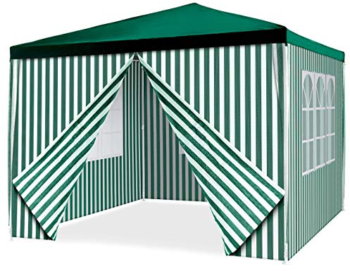Nexos Trading Pavillon 3x3 m in grün weiß PE Plane 110g/m² + 4 Seitenteile Partyzelt Gartenzelt Sonnenschutz Stahlgestell Festivalzelt Eventzelt Partyzelt