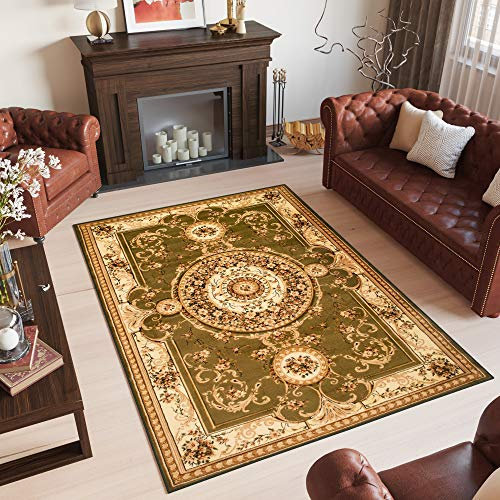 TAPISO Yesemek Klassisch Teppich Kurzflor Wohnzimmer Orientalisch Floral Medaillon Muster Bordüre Grün Creme Barock Design ÖKOTEX 60 x 100 cm