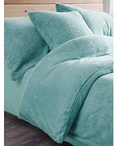 Duvet Cover with Pillowcases New Soft Warm Fleece Bedding Set (Teddy Teal, Super King Duvet Cover Set)