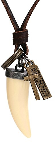 SonMo Verstellbar Herren Leder Halskette Anhänger Kettenanhänger Zahn Leder Kette Männer Beige Länge 75.4CM
