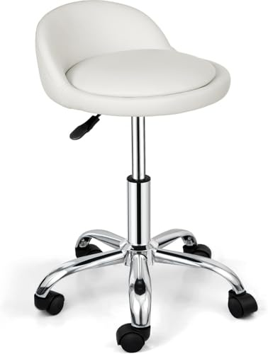 Nova Microdermabrasion Rolling Stool with Wheels Swivel Salon Stool Adjustable Drafting Tattoo Office Chair for Massage Bar Kitchen Spa Shop with Thick Cushion (White)