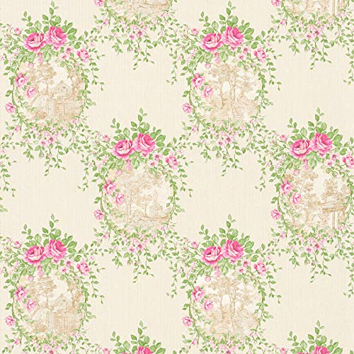 Papier peint intissé fleuri Tapisserie fleu florale chambre 344992 34499-2 A.S. Création Château 5 | Beige/Crème/Vert/Rose | Rouleau (10,05 x 0,53 m) = 5,33 m²