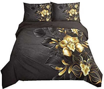 2/3 Stück Bettwäsche Set Romantisch Blumen 3D Digitaldruck Muster Golden Rot Blau Rosen Design Mädchen Frau Bettbezug mit Kissenbezug, Polyester Mikrofaser (Schwarz, 200 x 200 cm)
