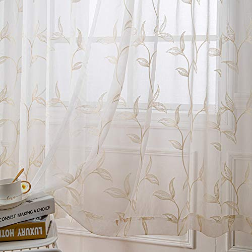 VISIONTEX Sheer Curtains Boho Leaf Floral Embroidered Cream Beige 54Wx84L