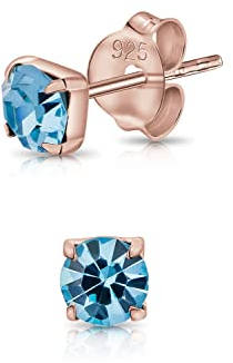 DTPsilver® WINZIGE Quadratischer Ohrringe 925 Sterling Silber Rosen-Gold überzogen mit Runde Kristallen von Swarovski® Elements - Sehr KLEINE Ohrstecker - Durchmesser 4 mm - Farbe : Aquamarin