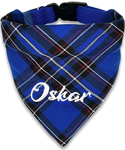 Hundehalstuch mit Halsband Verstellbar optional mit Wunsch Namen bestickt Schotten Karo Blau Halstuch Tuch