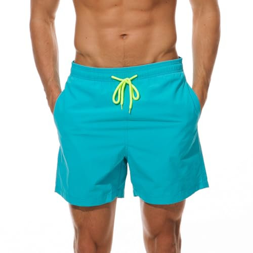 Aisprts Maillot de Bain Homme Short de Bain Respirant à Séchage Rapide avec 3 Poches Short de Plage Homme avec Doublure en Maille et Cordon de Serrage Réglable, T1 Turquoise, L