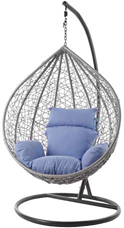 Kideo® Komplettset: großer Hängesessel mit Gestell & Kissen, Lounge Möbel, Poly-Rattan, XXL, grau (Kissen: blau Nest (3070 royal Blue))