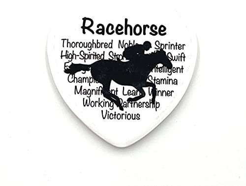 RACEHORSE FRIDGE MAGNET – horse silhouette in black on white ceramic heart shaped fridge magnet with horse's characteristics in background. Great gift/present idea for horse lover.