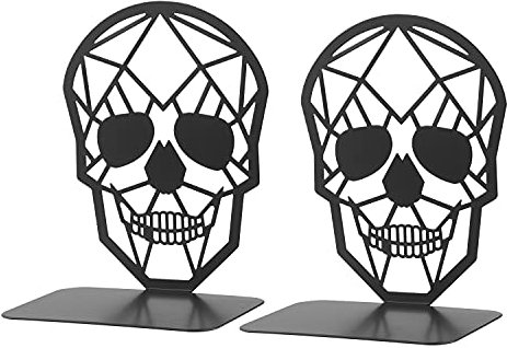 Metal Bookends, MSDADA Book Ends for Shelves, Geometric Book Holder for Heavy Books, Decorative Skull Book Shelf Holder, Non-Skip Book Stoppers for Office, School, Home(1 Pair)