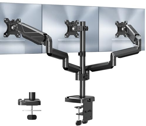 MOUNT PRO Soporte triple para monitor, brazo de escritorio de 3 monitores se adapta a tres pantallas LCD de computadora de 17 a 27 pulgadas, máximo 20 libras cada una, soporte de monitor de resorte