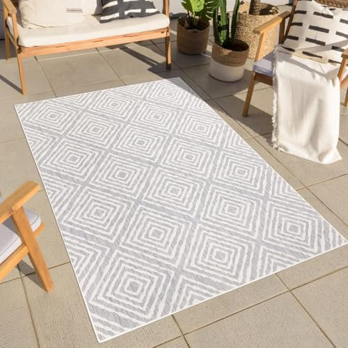 Teppich Outdoor Wetterfest - Grau - 120x170 cm - Geometrisch - Balkon Teppich Wasserabweisend - In-& Outdoor Teppiche für Terrasse, Garten, Küche, Bad oder Wohnzimmer