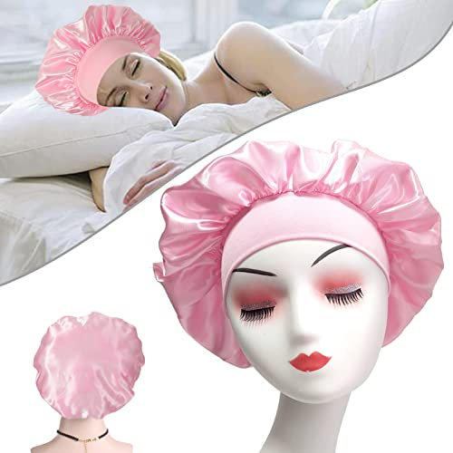 Bonnet de nuit en satin à large bande pour femmes et filles, soin des cheveux, bonnet élastique pour cheveux noirs et bouclés (1 pièce, rose)