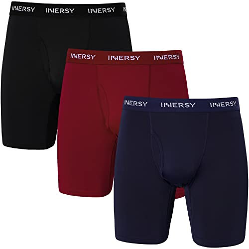 INNERSY Mens Long leg Boxers Sports Anti Chafing Underwear Trunks Quick Dry Underpants Multipack 3 (L, Black/Navy Blue/Burgundy)
