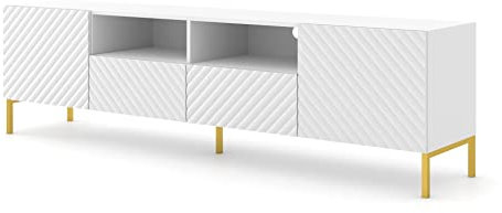Homlando TV-Schrank mit Stauraum auf Gold Metallbeinen TV Tisch, Sideboard, Tischplatte, TV Kommode mit 2 Türen, 2 Schubladen und 2 Regalen SURF 200x42x56 cm Weiß Matt
