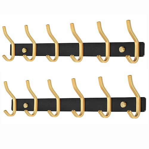 MEIJO Garderobenhaken Edelstahl, Hakenleiste Kleiderhaken Wand mit 6 Haken, Garderobe Garderobenleiste Wandgarderobe für Schlafzimmer Bad Küche (Schwarz & Golden, 6 Haken 2 Stück)