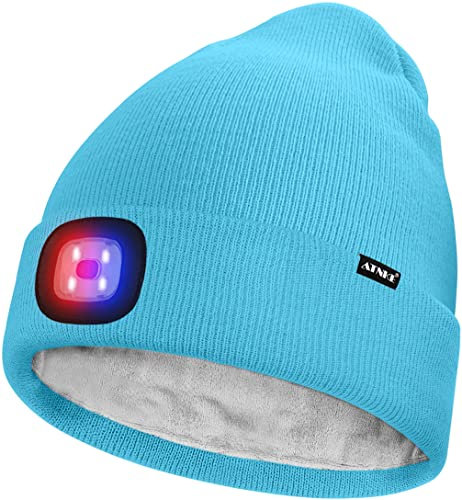 ATNKE Unisex LED Mütze mit Licht,Wiederaufladbare USB 4 LED Rot und Blau Leuchten Blinkender Laufmütze Lampe Warme Gefüttertes Fleece Stricken Mütze für Herren und Damen Geschenke/Light Blue