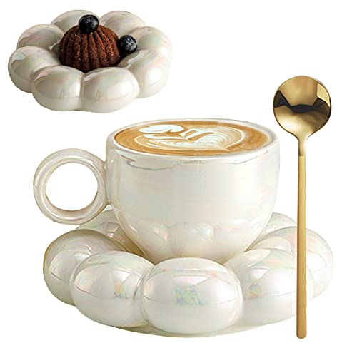 Jorzer Tasse à Café en Céramique Avec Cuillère - Voyage de Tournesol Nuage Avec Soucoupe 200ml - Ensemble pour Latte, Cappuccino, Thé Après-Midi - Blanc