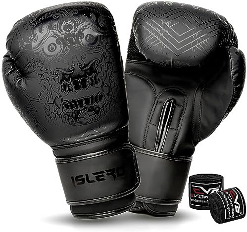 Islero Guantoni da boxe da uomo, per fitness, MMA, Muay Thai, arti marziali, kickboxing, sparring, allenamento, combattimento, guanti con fasce per le mani, colore nero, 350 ml