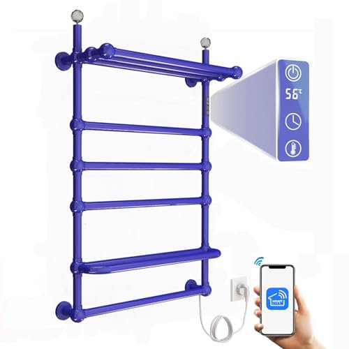 Scaldasalviette Elettrico Wifi da Parete, 80W Termoarredo Elettrico Intelligente da Bagno Termostato Radiatore, 850 x 600mm Asciugabiancheria Portasciugamani Elettrico con Temporizzatori e Ripiano