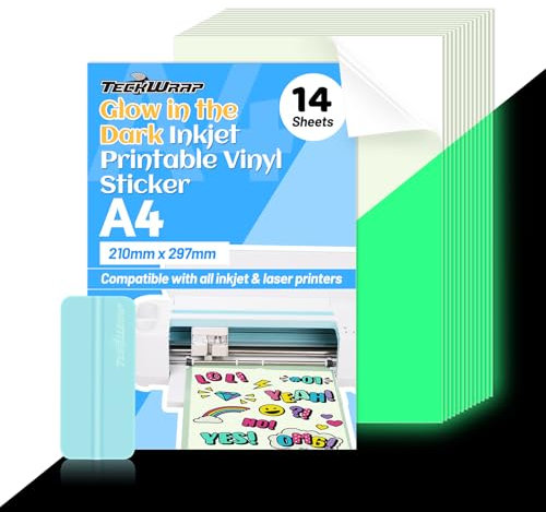 TECKWRAP Printable Vinyl Sticker Paper for Inkjet Printer Glow in Dark Inkjet Printable Sticker Paper Waterproof 8.26 x 11.69 A4 Size 14Pcs/Pack for Craft Sticker, Scrapbooking, Craft Cutters
